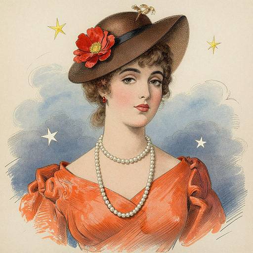 Vintage illustration of a fair-skinned woman with red dress, pearl necklace, brown hat with red flower, and elegant expression.