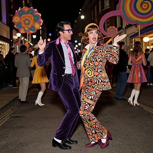 Photograph of two people dancing at night in a vibrant, colorful street parade. One wears a dark purple velvet suit; the other, a psychedelic pattern