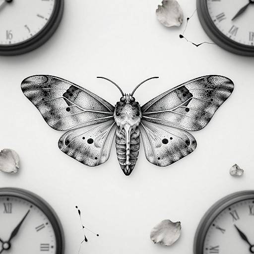 Black and white digital drawing of a detailed moth with speckled wings, surrounded by four clock faces and scattered crystals.