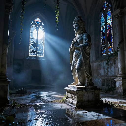 Ancient Stone Statue in Moonlit Ruined Cathedral