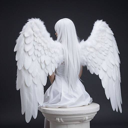 Digital artwork of a white-haired angel with large, feathery white wings, seated on a white pedestal against a dark background.