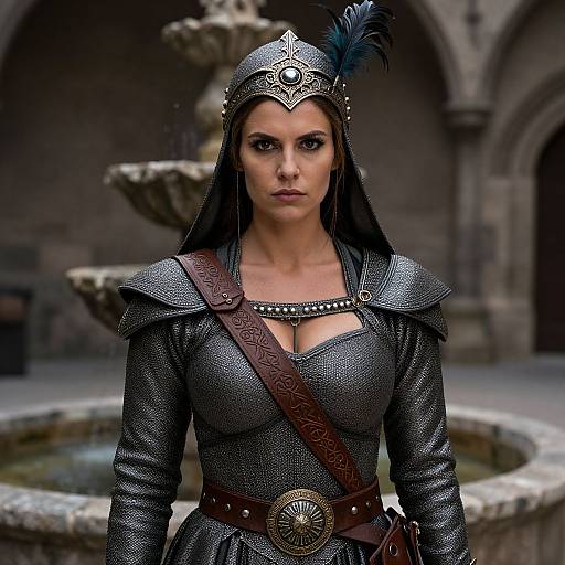 Digital art of a fierce, dark-haired warrior woman in medieval armor with a feathered helmet, large breasts, and a detailed belt, standing in front