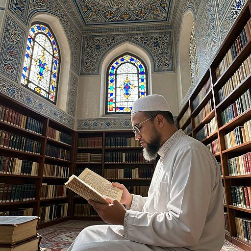 Photograph of a bearded man in white traditional Islamic attire, reading a book in an ornately decorated, sunlit library with stained glass windows and