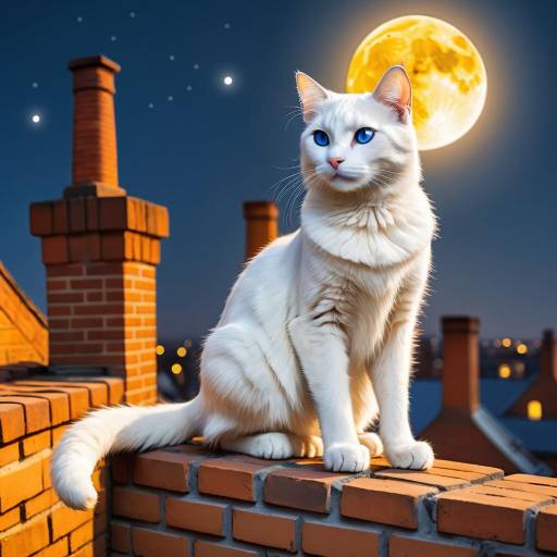 White Cat with Blue Eyes on Rooftop at Moonlight