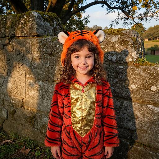 Photograph of a smiling young girl with curly brown hair, wearing a red tiger costume with orange ears and gold chest, standing in front of a sun
