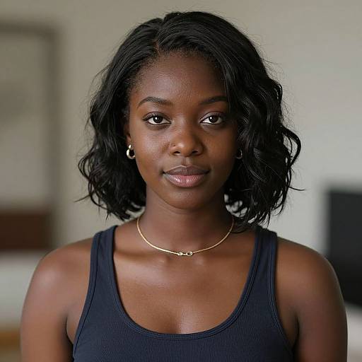 Photograph of a young Black woman with medium-dark skin, shoulder-length wavy black hair, wearing a black tank top and gold necklace, looking directly