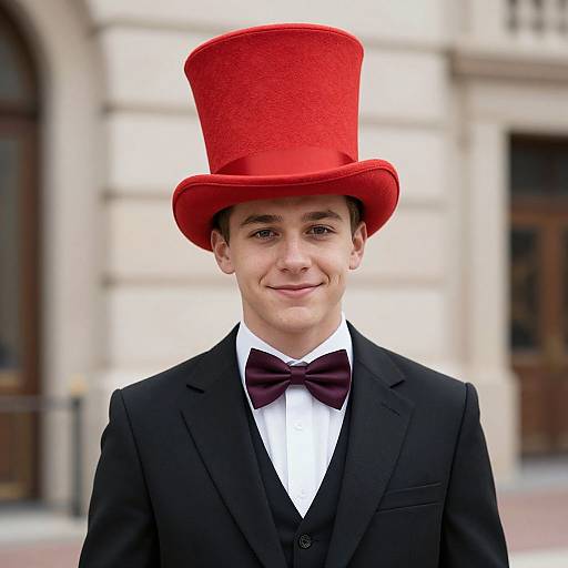 Photograph of a young man with fair skin, dark brown hair, wearing a black tuxedo, white shirt, burgundy bow tie, and