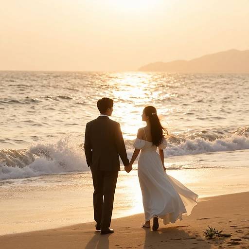 Silhouetted bride in flowing white dress and groom in black suit hold hands on sunlit beach at sunset, waves gently crashing.