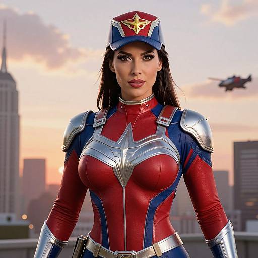 Photorealistic CGI of a Latina woman in a red and silver Star-Spangled Woman costume, standing against a sunset city skyline, with a helicopter