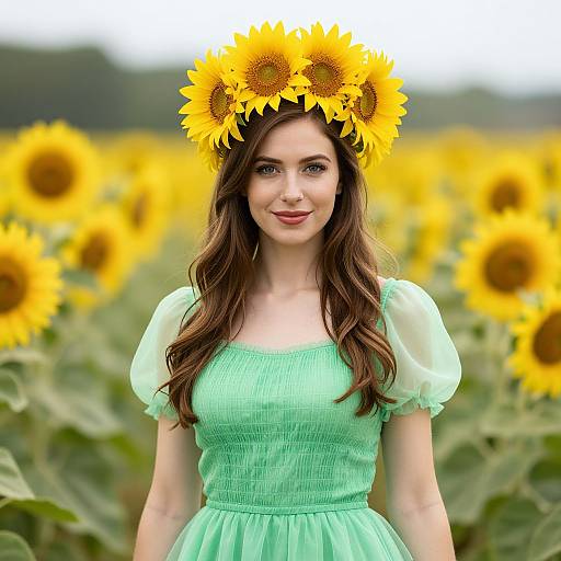 Photograph of a smiling woman with long brown hair, wearing a sunflower crown, green puffed-sleeve dress, standing in a sunflower