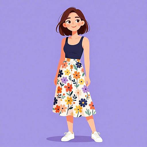 Digital illustration of a young woman with short brown hair, wearing a black tank top, floral skirt, and white sneakers, standing against a purple background.