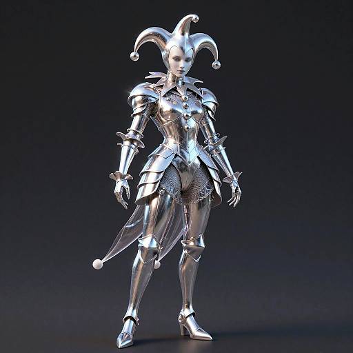 CGI image of a shiny, silver, jester-like humanoid with a metallic, armored outfit, jester hat, and intricate armor details, standing