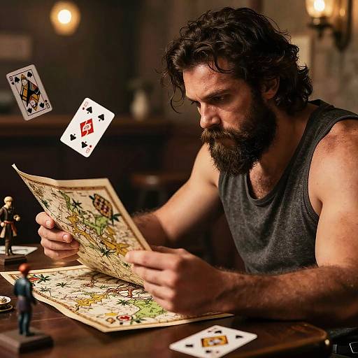 Photograph of a bearded man with wavy dark hair, wearing a gray tank top, intensely studying a map while a floating Ace of Spades