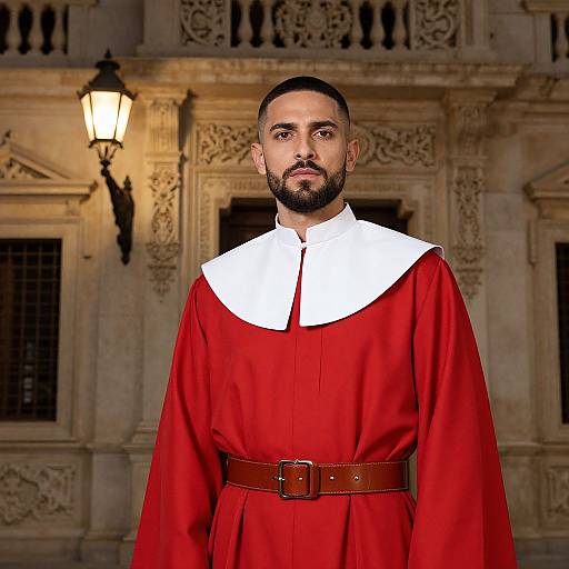 Photograph of a bearded man with dark hair, wearing a red clerical robe with white collar and brown belt, standing in front of an orn