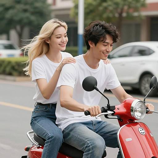 Joyful Couple on a Red Scooter