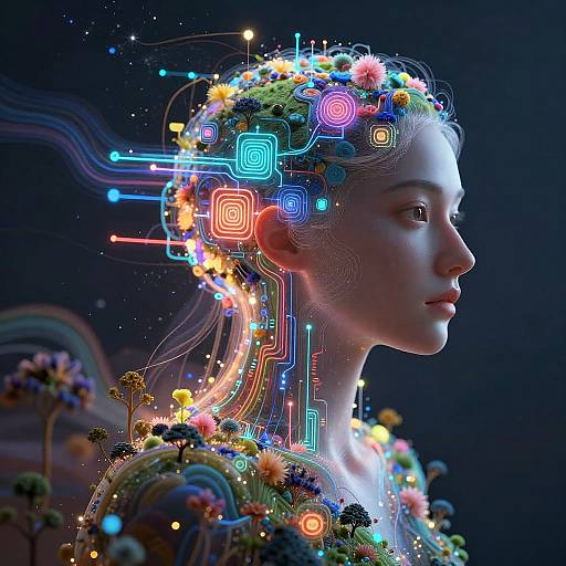 Digital art of a futuristic, fair-skinned woman with glowing neon circuits and colorful flowers in her hair, profile view against a dark background.