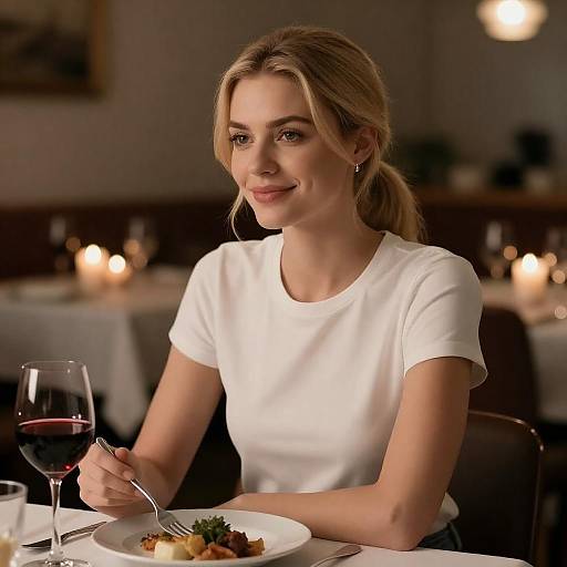 Cozy Dinner with a Smiling Blonde Woman