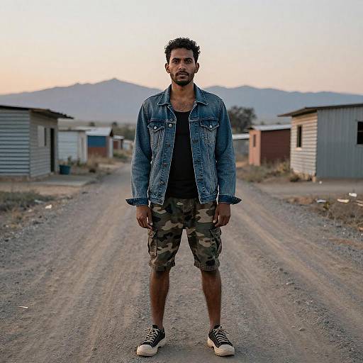 Photograph of a bearded man with dark skin, short curly hair, wearing a denim jacket, camouflage shorts, and sneakers, standing on a dirt
