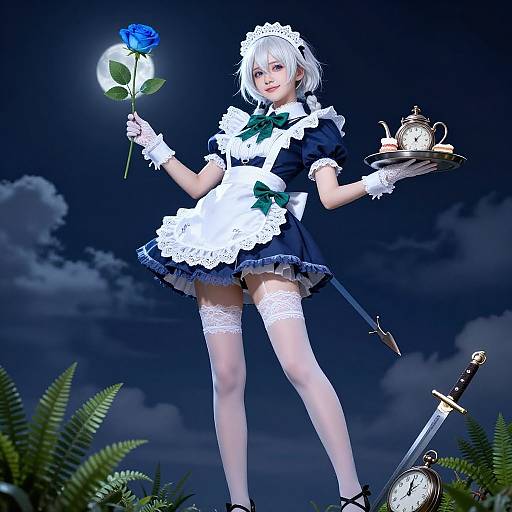 Digital anime-style drawing of a white-haired maid in a black and white outfit, holding a blue rose and teapot, standing under a moonlit sky