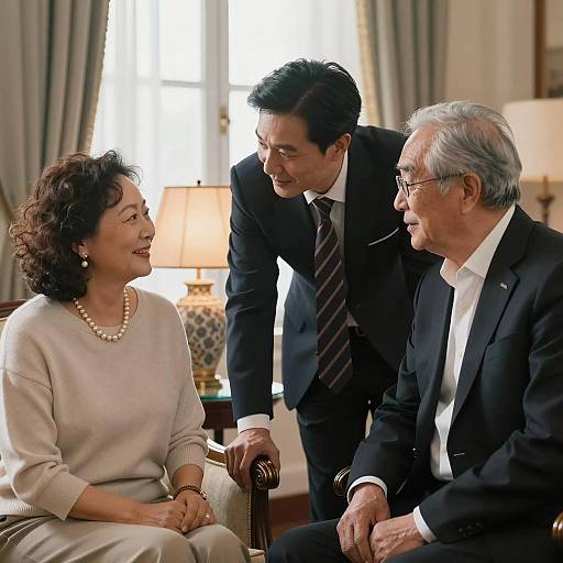 Three Asian Adults Engaged in Conversation Indoors