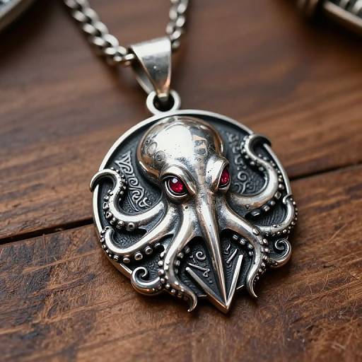 Photograph of a silver octopus pendant with red eyes, detailed textures, and swirls, hanging on a chain against a wooden surface.