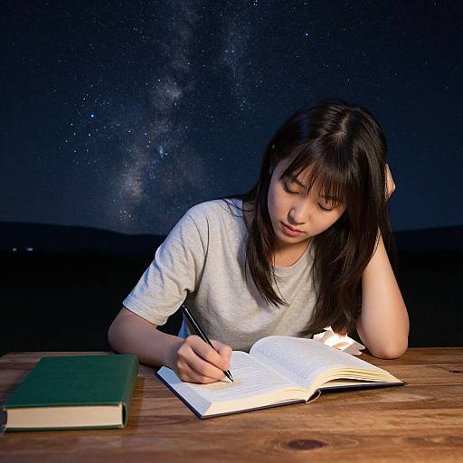 Asian woman with black hair, wearing white shirt, studying under a starry night sky, writing in open book at wooden table.