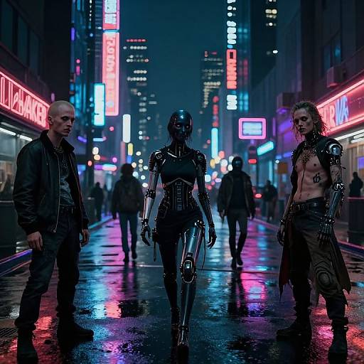 Cyberpunk night scene: metallic cyberwoman with helmet, black bodysuit, flanked by bald man in leather and shirtless, tattooed