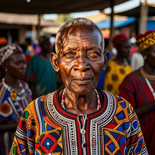 Photograph of an elderly African man with deep wrinkles, wearing a colorful, intricately patterned traditional shirt, standing in a busy market.