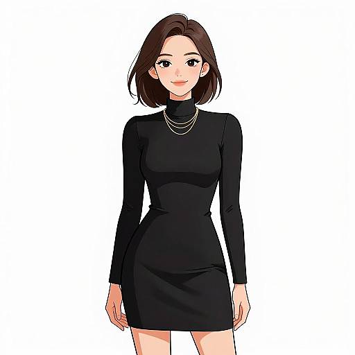 Digital anime-style drawing of a young woman with fair skin, short brown hair, and brown eyes, wearing a black long-sleeve dress and layered