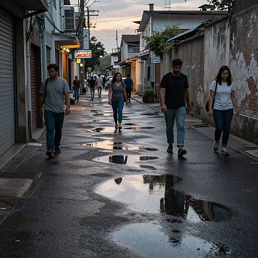 Photograph of four young adults walking on a wet, reflective urban street at dusk, with shops and buildings in the background.