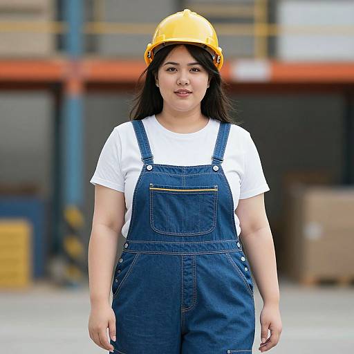 Photograph of an Asian woman with long black hair, wearing a yellow hard hat, white t-shirt, and blue denim overalls, standing in an