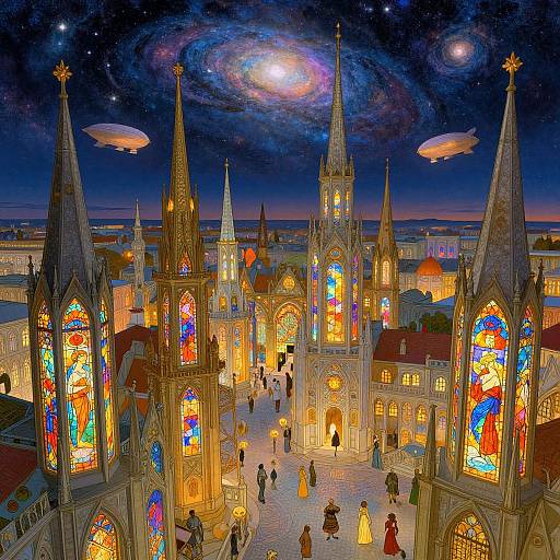 Fantastical night scene of a glowing, starlit cathedral with colorful stained glass, flying airships, and a cosmic sky backdrop.