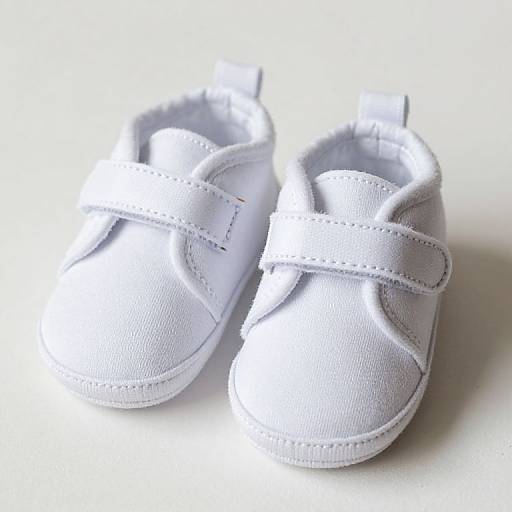 Photograph of white, textured baby sandals with a single strap, placed side by side on a bright, white background.