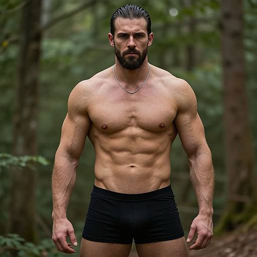 Photograph of a muscular, bearded man with fair skin, black slicked-back hair, wearing black boxer briefs, standing in a forest.
