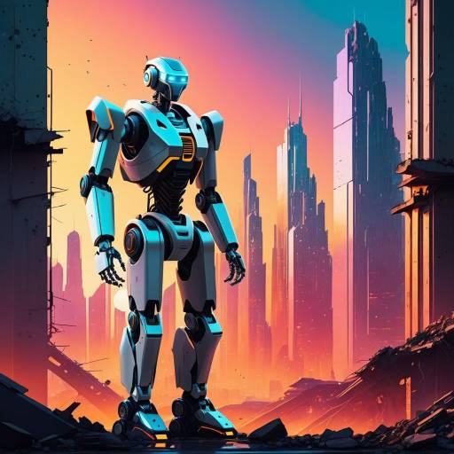 Futuristic Robot in a Sunset Metropolis