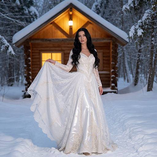 Photograph of a long-haired brunette woman in a white lace wedding dress, standing in front of a wooden log cabin in a snowy forest, holding her