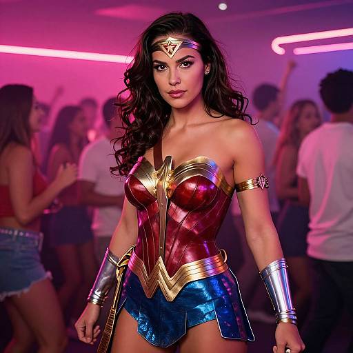 Photograph of a beautiful woman with long black hair, wearing Wonder Woman's red and gold bustier, blue skirt, and silver bracelets, standing confidently