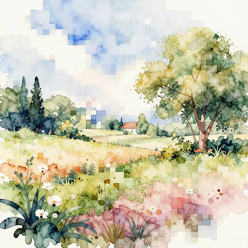 Watercolor Pixelated Digital Landscape