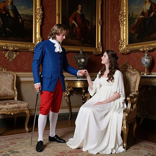 Photograph of a young man in 18th-century attire holding hands with a woman in a white gown, seated in an ornate, gold-fr