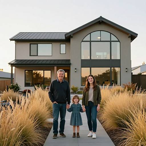 Photograph of a family: gray-haired man, brunette woman, and young girl in blue dress, standing on path with modern house background, golden grass