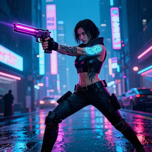 Digital art of a tattooed woman in a neon-lit, rain-soaked urban alley, wielding a glowing pink gun, wearing black leather outfit,