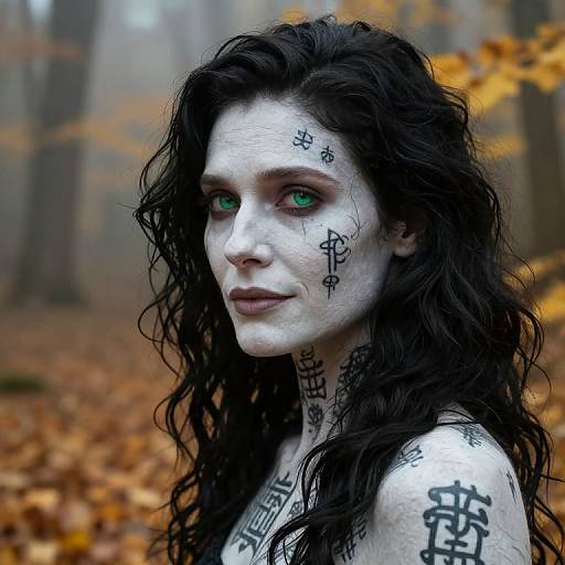Photograph of a pale woman with long black wavy hair, green eyes, white face paint, black tattoos, and autumn forest background.