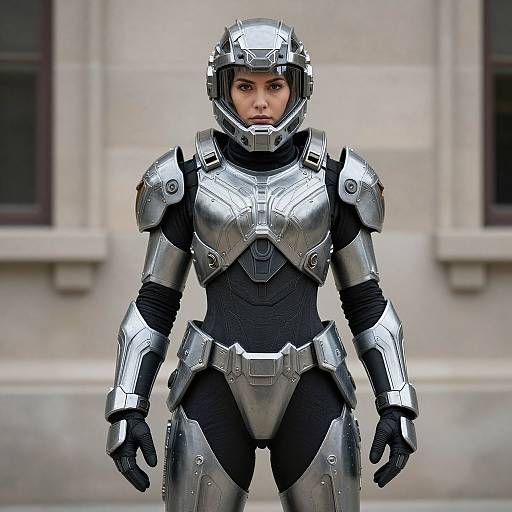 Photograph of a serious woman in full, shiny silver and black metal armor, standing against a gray stone building backdrop.