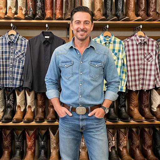 Smiling man in blue denim shirt and jeans stands in cowboy boot and plaid shirt store, hands in pockets, shelves of boots and shirts behind him