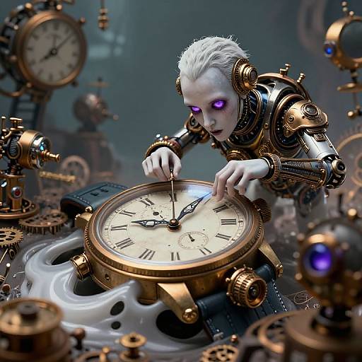 Steampunk-style CGI: White-haired cyborg with glowing purple eyes adjusts clockwork gears and antique clock, surrounded by intricate mechanical parts.