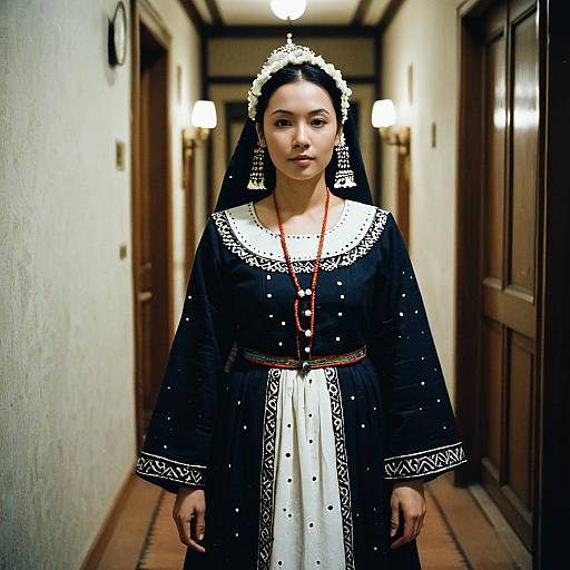 Photograph of an Asian woman with dark hair in a white headpiece, wearing a black and white embroidered traditional dress, standing in a dimly lit