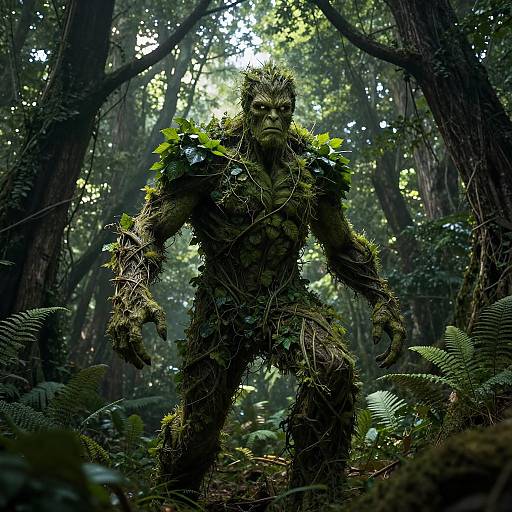 Photorealistic CGI of a muscular, green moss-covered humanoid creature standing in a dense, dark forest with tall trees and ferns.