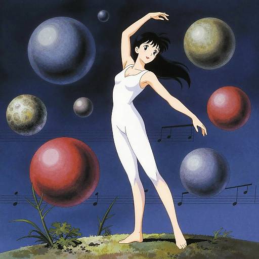 Anime-style drawing of a barefoot woman in a white dress dancing under a night sky filled with large, colorful floating spheres. Musical notes and grassy