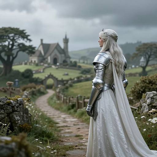 Photograph of a silver-haired woman in medieval armor and white gown, standing on a stone path leading to a rustic church in a lush, cloudy countryside
