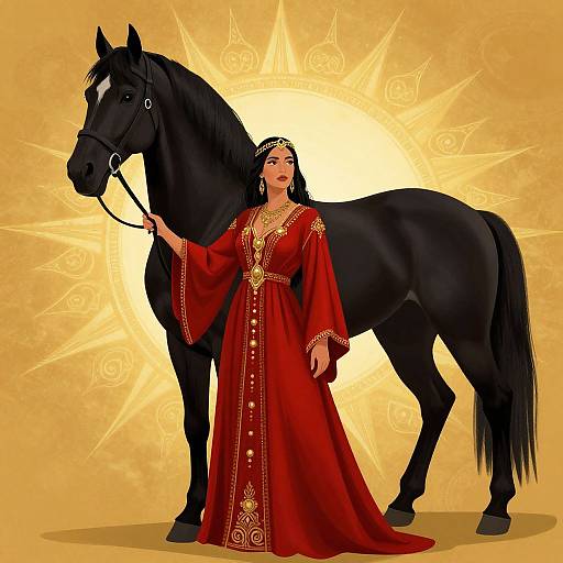 Digital illustration of a fair-skinned woman in a red, ornate dress, standing beside a black horse, against a golden sunburst background.